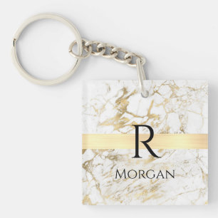 Wh & Gold Marble Gold Bar, DIY Black Name Monogram Key Ring