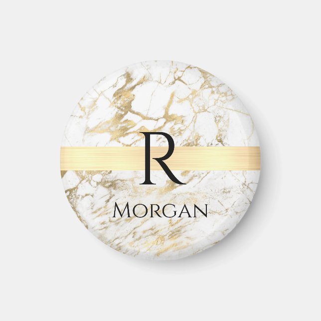 Wh & Gold Marble Gold Bar, DIY Black Name Monogram Magnet (Front)