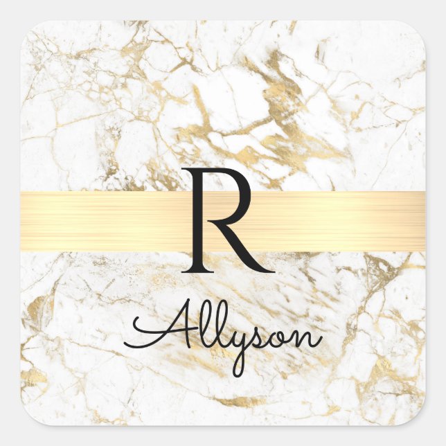 Wh & Gold Marble Gold Bar, DIY Black Name Monogram Square Sticker (Front)