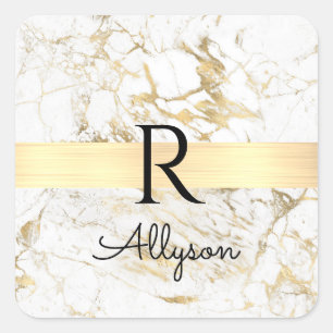 Wh & Gold Marble Gold Bar, DIY Black Name Monogram Square Sticker