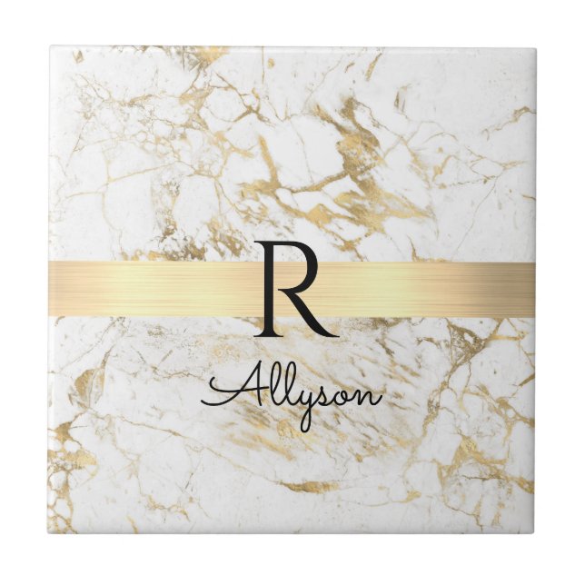 Wh & Gold Marble Gold Bar, DIY Black Name Monogram Tile (Front)