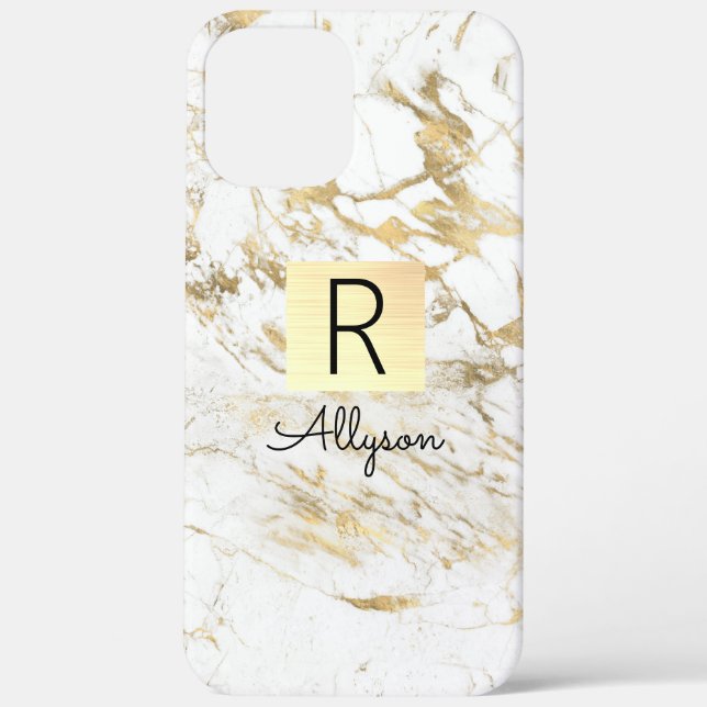 Wh & Gold Marble Gold Box, Black Name & Monogram Case-Mate iPhone Case (Back)
