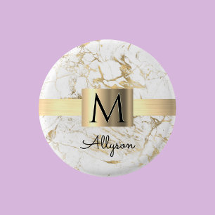 Wh & Gold Marble Gold Box, DIY Black Name Monogram 3 Cm Round Badge
