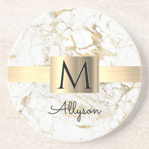 Wh & Gold Marble Gold Box, DIY Black Name Monogram Coaster