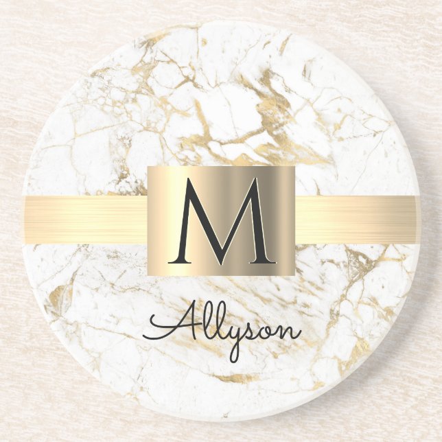 Wh & Gold Marble Gold Box, DIY Black Name Monogram Coaster (Front)