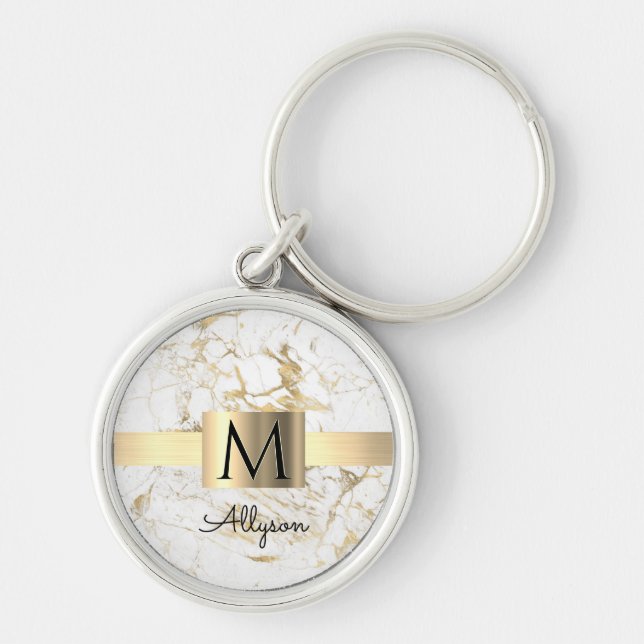 Wh & Gold Marble Gold Box, DIY Black Name Monogram Key Ring (Front)