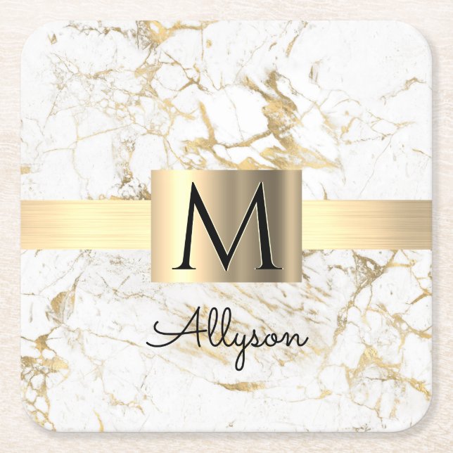Wh & Gold Marble Gold Box, DIY Black Name Monogram Square Paper Coaster (Front)