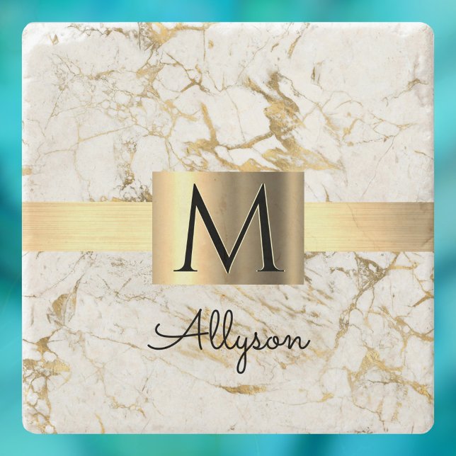 Wh & Gold Marble Gold Box, DIY Black Name Monogram Stone Coaster (Creator Uploaded)