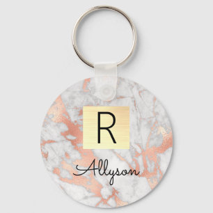 Wh & Rose Gold Marble Gold Box, Name & Monogram Ke Key Ring