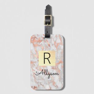 Wh & Rose Gold Marble Gold Box, Name & Monogram Luggage Tag