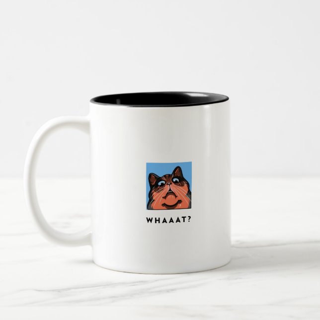 Whaaat?- shocked cat- graphic design Two-Tone coffee mug (Left)