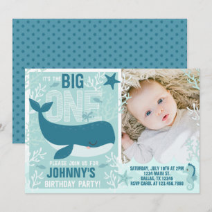 Whale 1st Birthday Party Invitation Invite