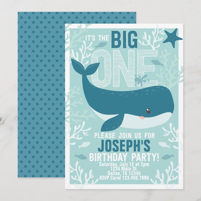 Whale 1st Birthday Party Invitation Invite (Front/Back)