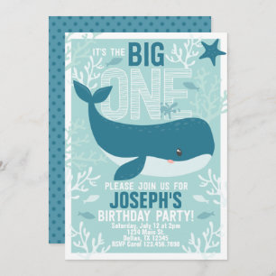 Whale 1st Birthday Party Invitation Invite