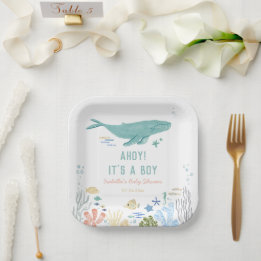 Whale Ahoy It's A Boy Baby Shower Paper Plate