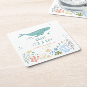 Whale Ahoy It's A Boy Baby Shower Square Paper Coaster