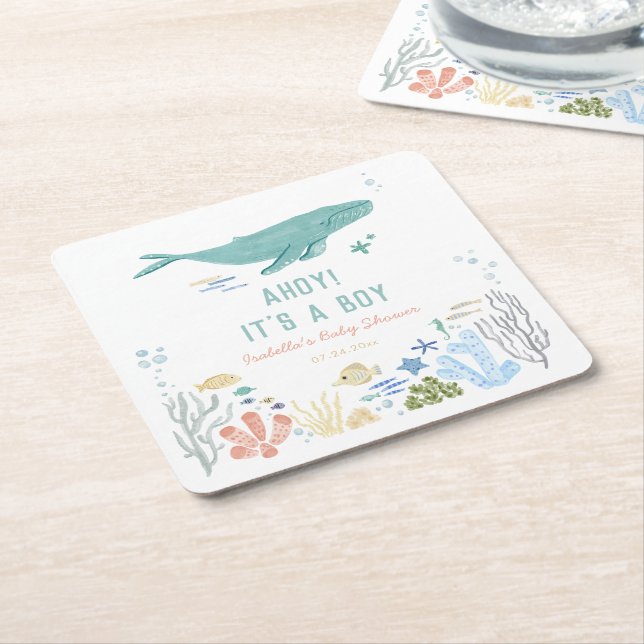 Whale Ahoy It's A Boy Baby Shower Square Paper Coaster (Angled)