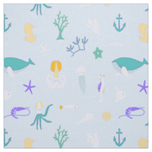Whale, Anchors, Corals and Seaweed Pattern Fabric