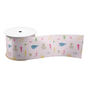 Whale, Anchors, Corals and Seaweed Pattern (Pinks) Satin Ribbon