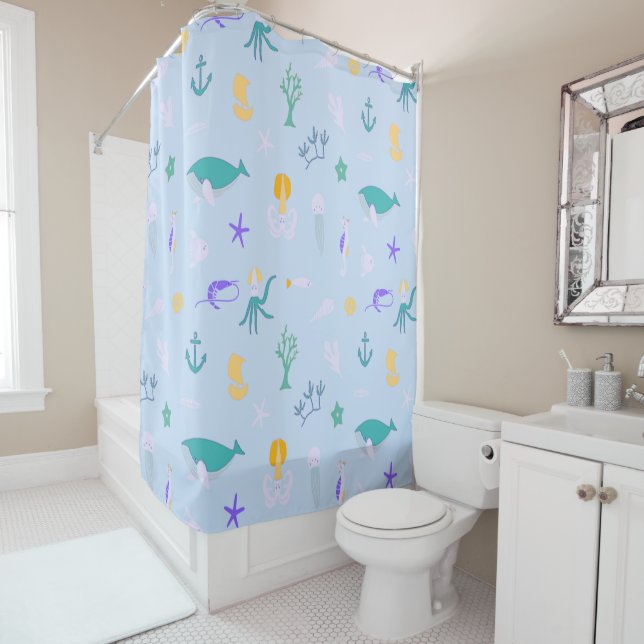 Whale, Anchors, Corals and Seaweed Pattern Shower Curtain (In Situ)