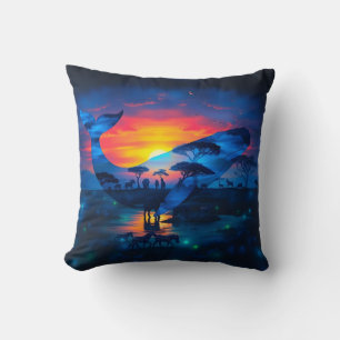 Whale and African Wildlife Sunset Double Exposure Cushion