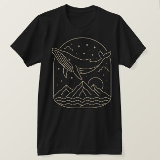 Whale and Mountain Night Minimalist Line Art T-Shirt
