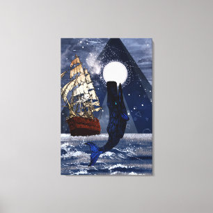 Whale and sails on a full moon night canvas print