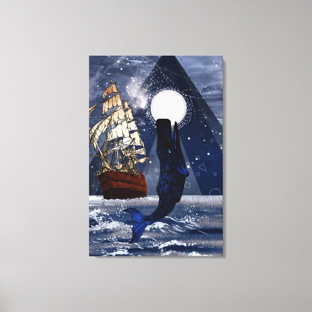 Whale and sails on a full moon night canvas print (Front)