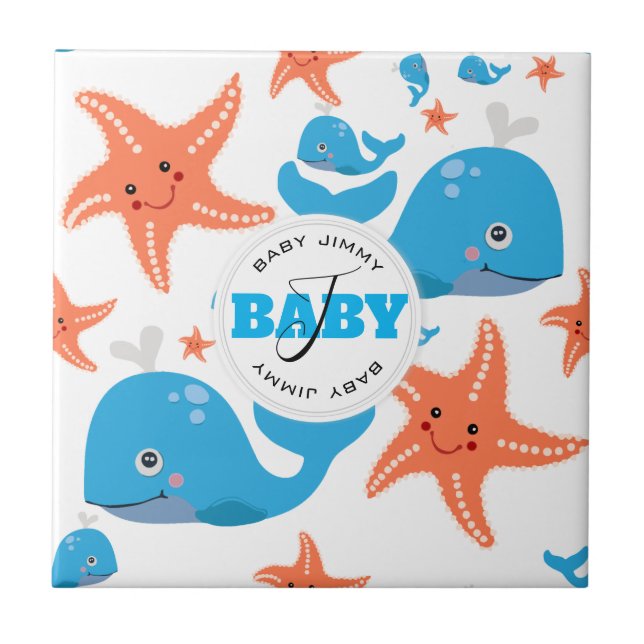 Whale and Starfish Baby Monogram Pattern Tile (Front)