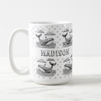 Whale and Stars Pattern Kids Personalised Colourin Coffee Mug