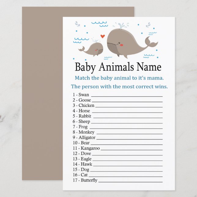 Whale Baby Animals Name Game (Front/Back)