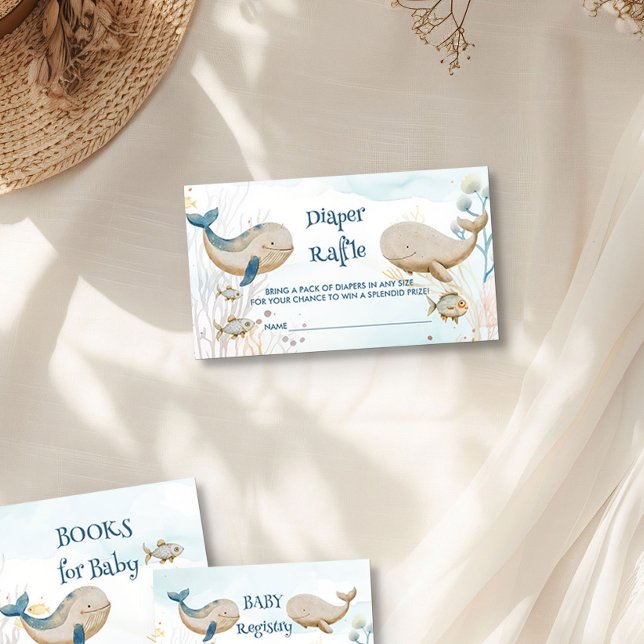 Whale Baby Shower Blue Beige Diaper Raffle Enclosure Card (Diaper Raffle Ticket from the Whale Baby Shower Collection by Darling & May)