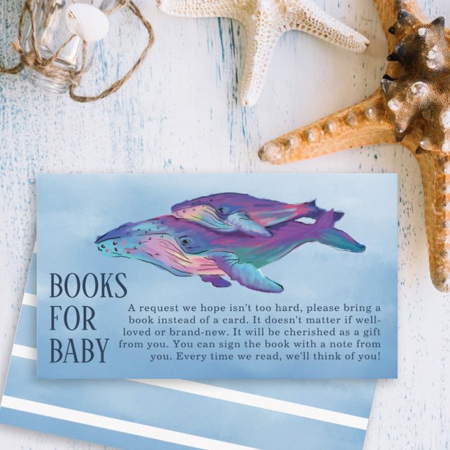 Whale Baby Shower Books for Baby Enclosure Card (Artistic painted whale and whale calf with a blue watercolor background diaper raffle.)
