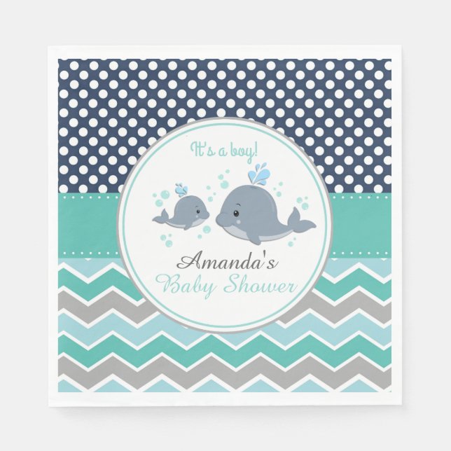Whale Baby Shower Paper Party Napkin Boy Chevron (Front)
