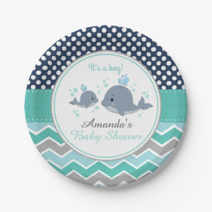 Whale Baby Shower Paper Plate Boy Chevron Polka