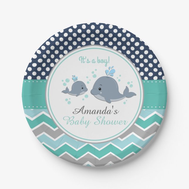 Whale Baby Shower Paper Plate Boy Chevron Polka (Front)