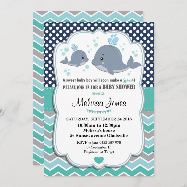 Whale Baby Shower Personalised Invitation Baby Boy (Front/Back)