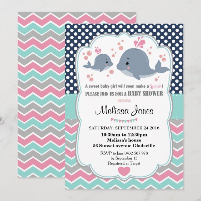 Whale Baby Shower Personalised Invitation Girl (Front/Back)