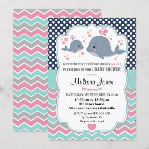 Whale Baby Shower Personalised Invitation Girl