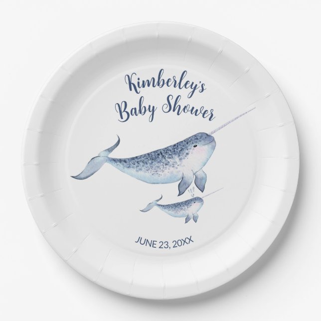 Whale Baby Shower Watercolor Blue Paper Plate (Front)