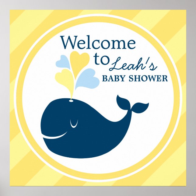 Whale Baby Shower Welcome Navy Blue and Yellow Poster (Front)