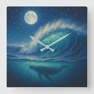 Whale Beneath Moonlit Wave - Pastel Painting Style Square Wall Clock