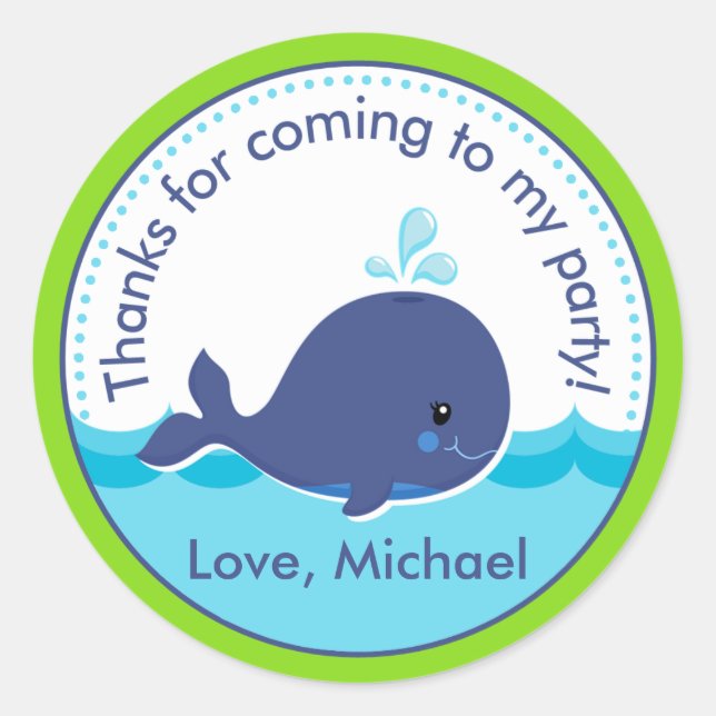 Whale Birthday Party Favour Tag Sticker (Front)