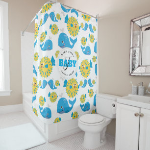 Whale & Blowfish Cartoon Baby Monogram Pattern Shower Curtain