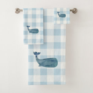 Whale Blue Check Gingham Pattern Bath Towel Set