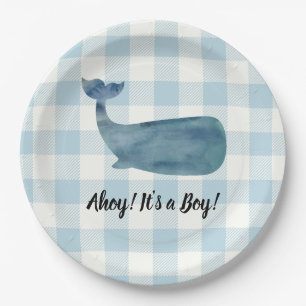 Whale Blue Gingham Baby Shower Ahoy it's a Boy Paper Plate