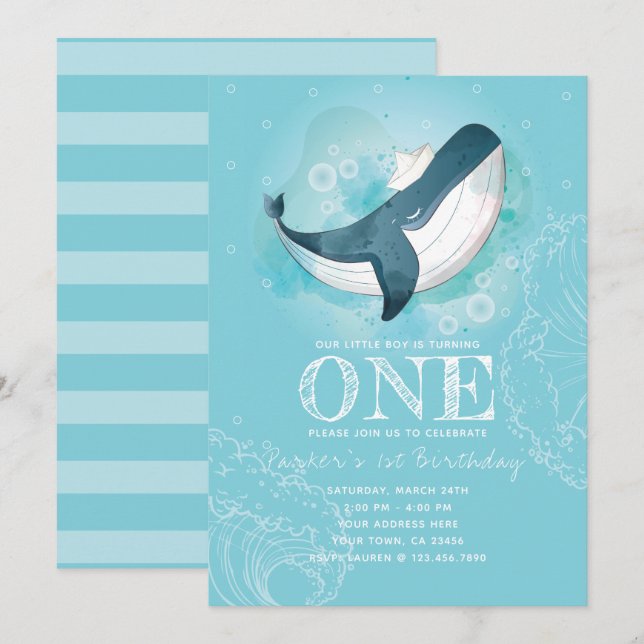 Whale Boy Birthday Invitation (Front/Back)