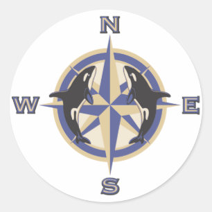 Whale Compass Rose Classic Round Sticker