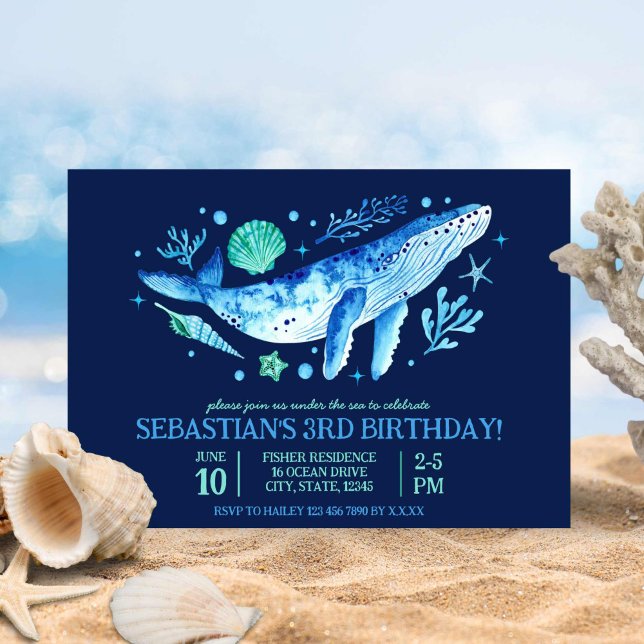 Whale, Coral & Sea Shells Under the Sea Blue  Invitation (Whale, Coral & Sea Shells Under the Sea Blue Invitation)