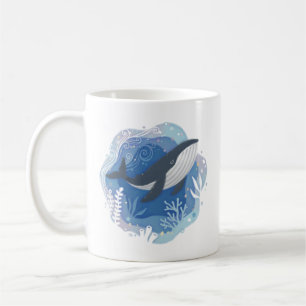 Whale & Corals in Ocean Paper Art Illustration Coffee Mug